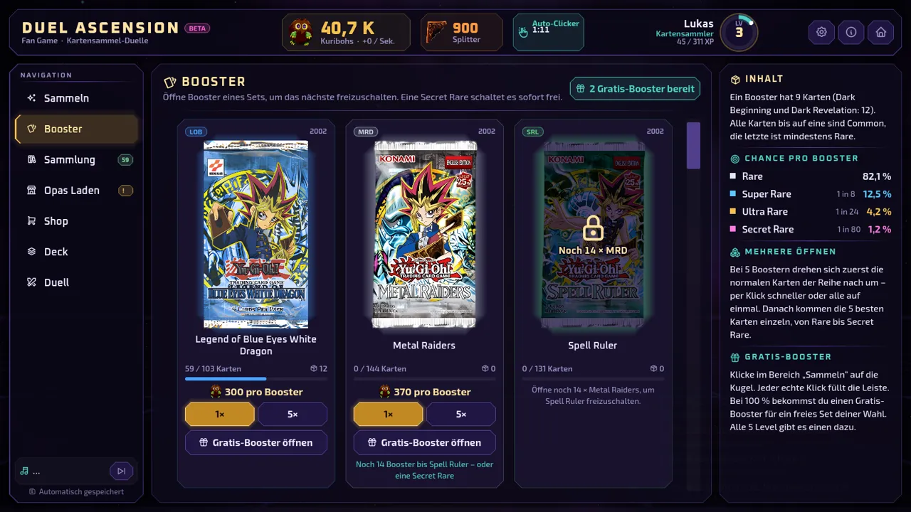 Die Booster-Auswahl mit Legend of Blue Eyes White Dragon und weiteren Sets